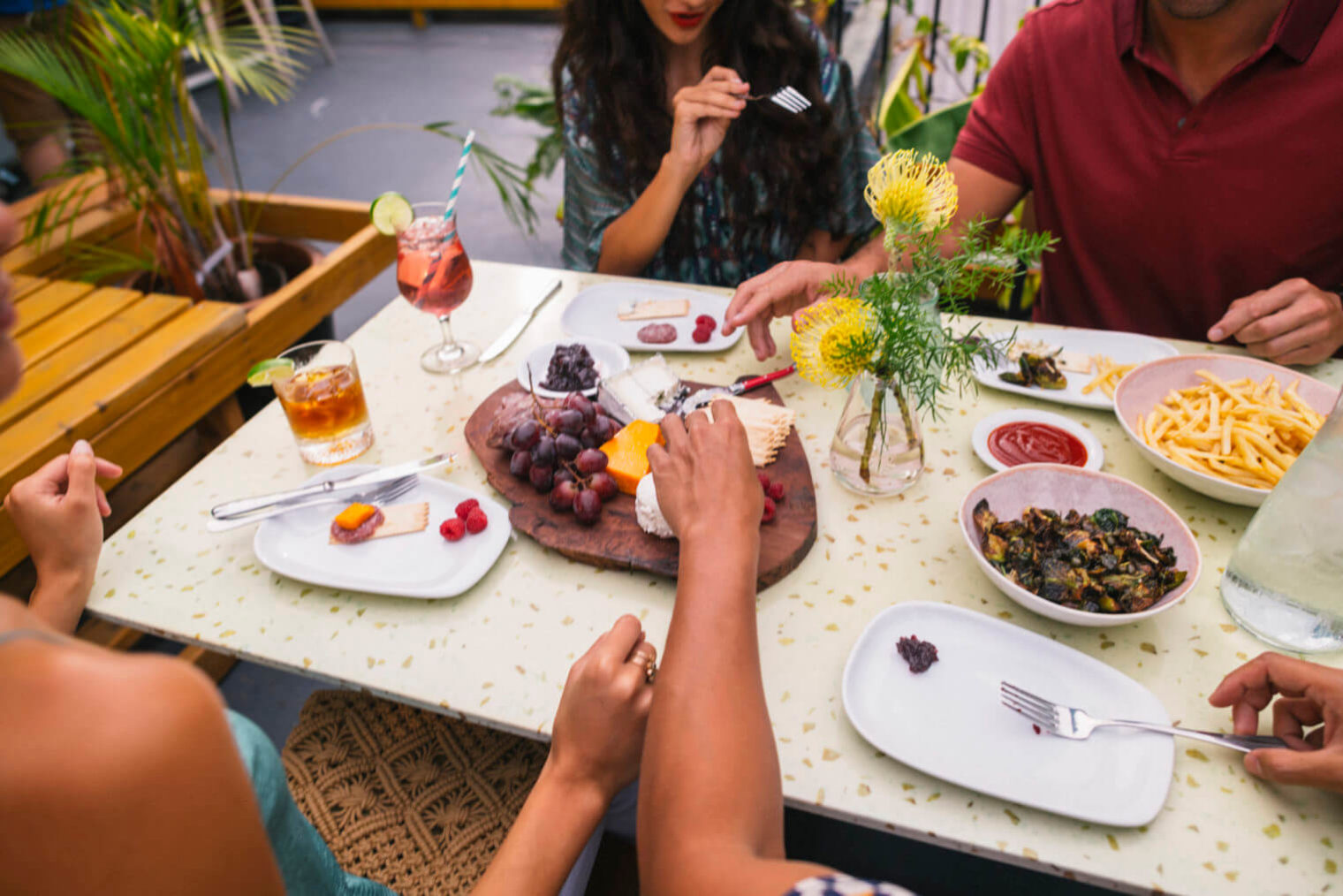 Overhead shop of a group eating a meal